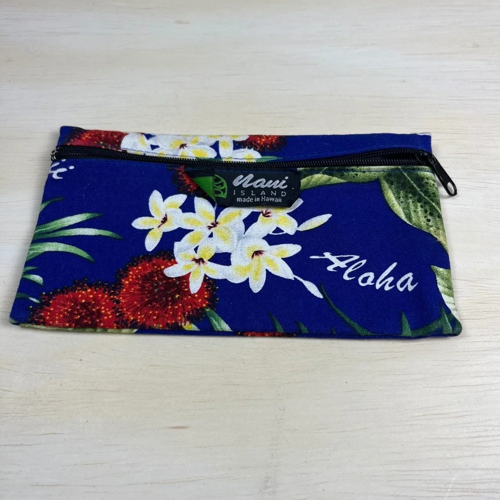 Nani Island Hawaii Zipper Pouch Blue Tropical Plumeria Floral Aloha Travel Bag